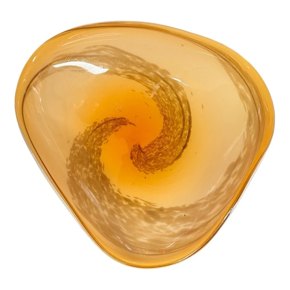 MCM Murano Glass Bowl Yellow Over White Cased with Swirls Gold Glitter‎ Italian